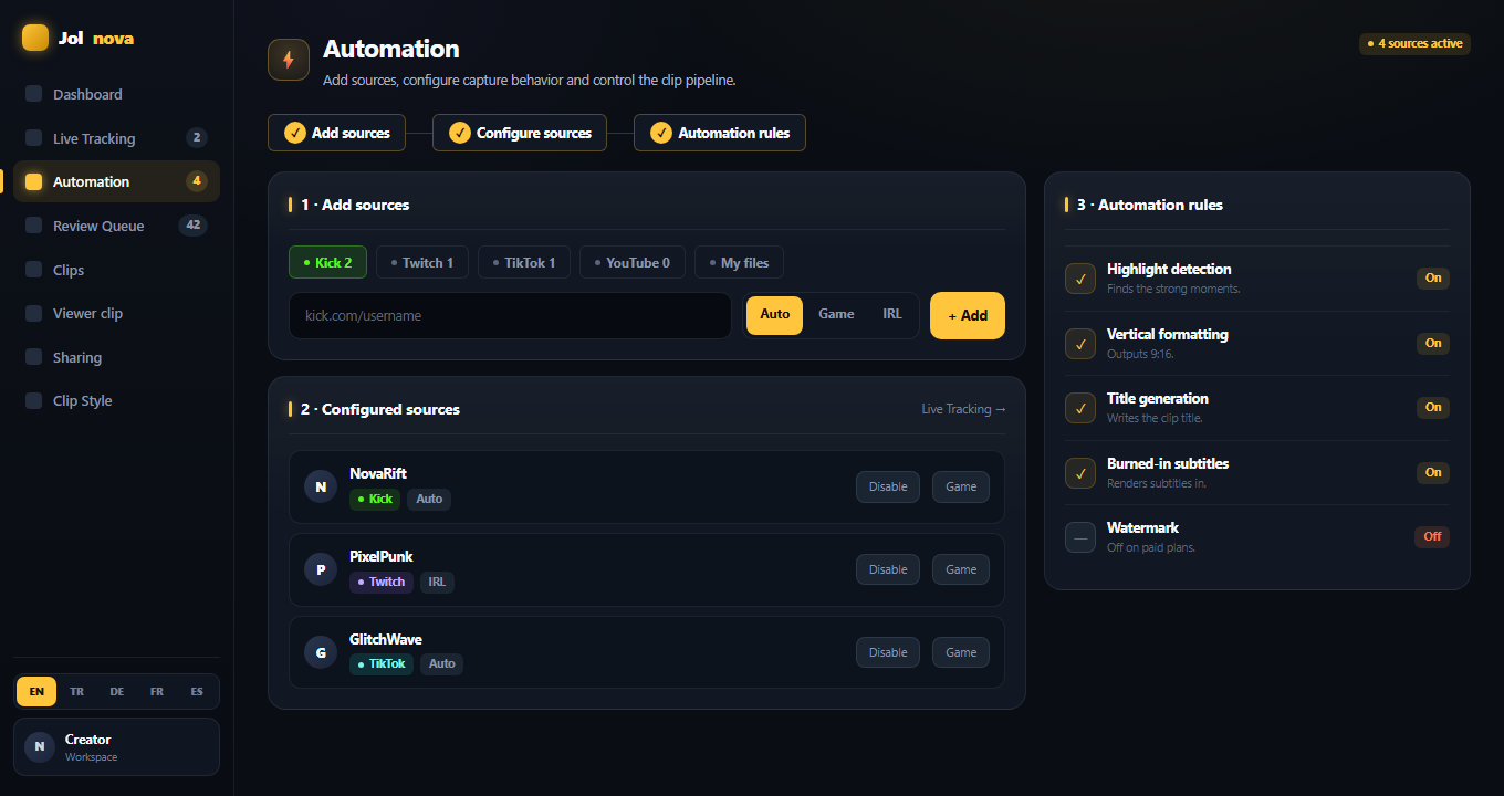 Automation page with the three-step source setup