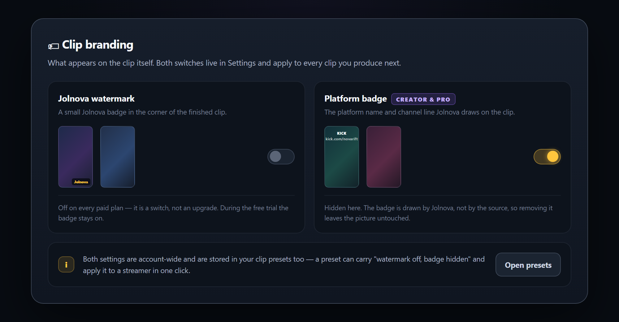 Clip branding settings with watermark and platform badge switches