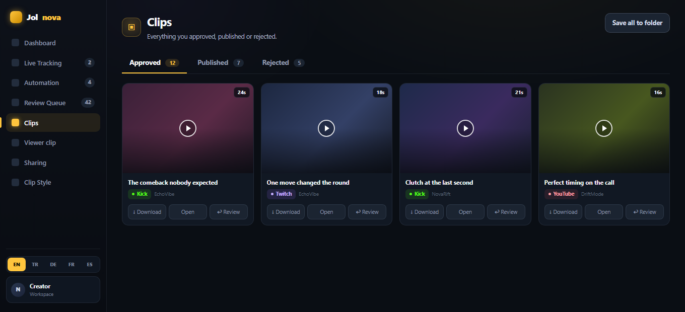 Clips library with approved, published and rejected tabs