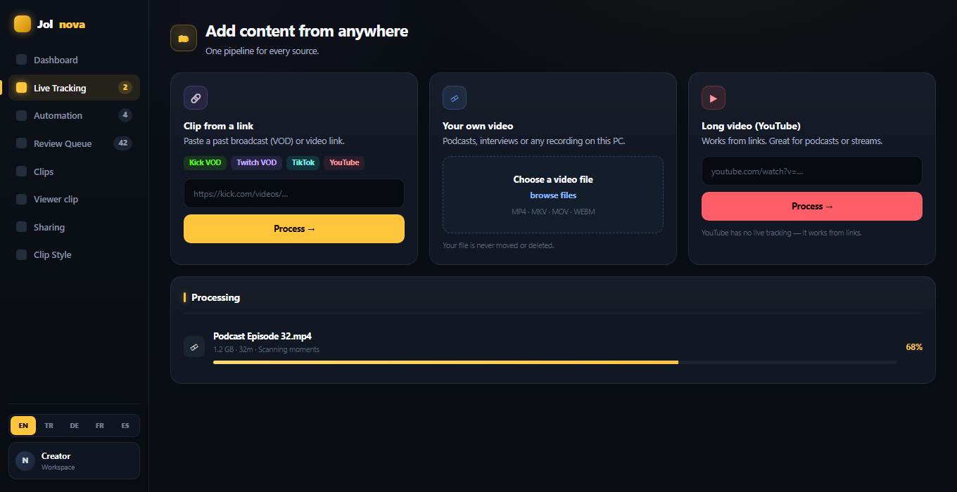 Add content from a link, a local file or a YouTube video