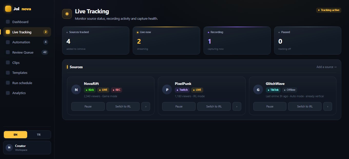 Live tracking view showing tracked sources and recording state