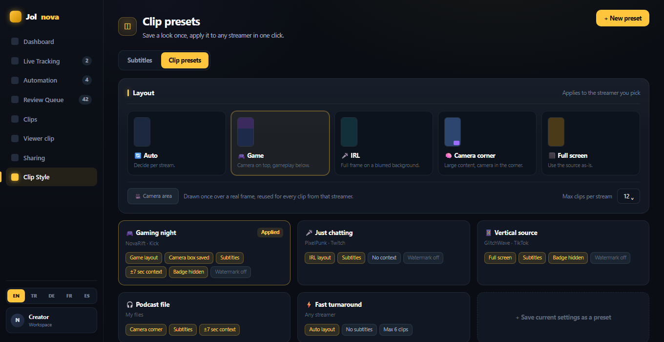 Clip presets with layout options and saved preset cards