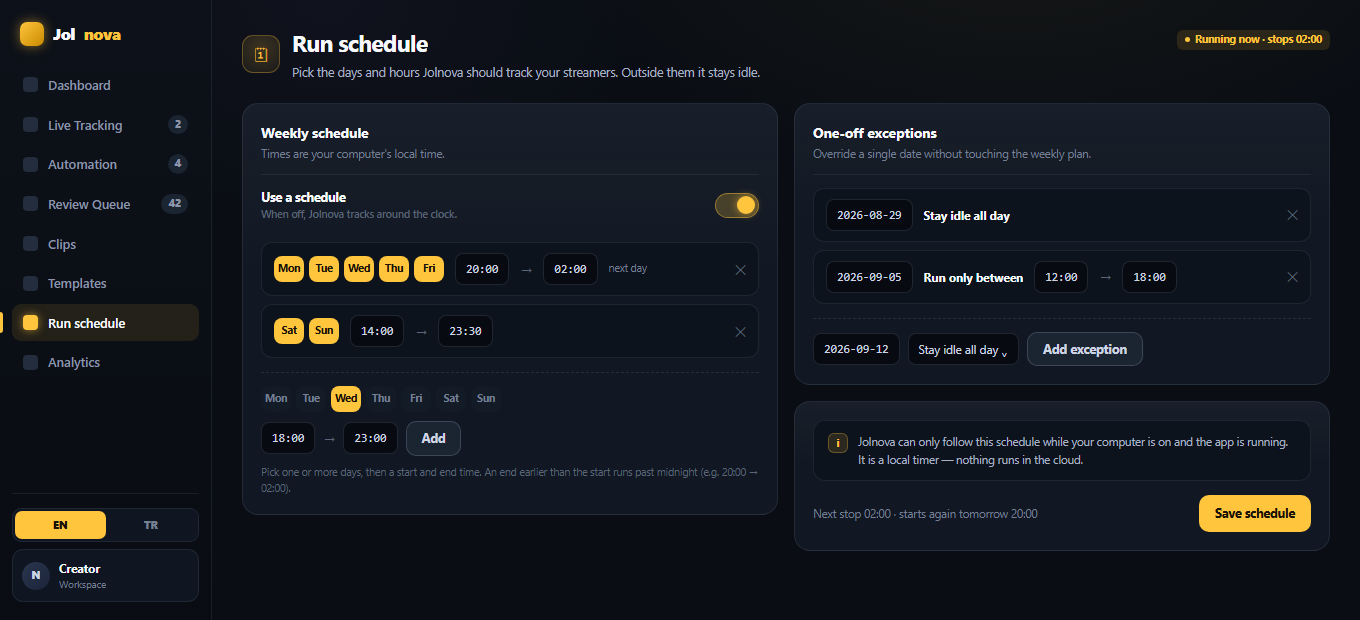 Run schedule with a weekly plan and one-off exceptions