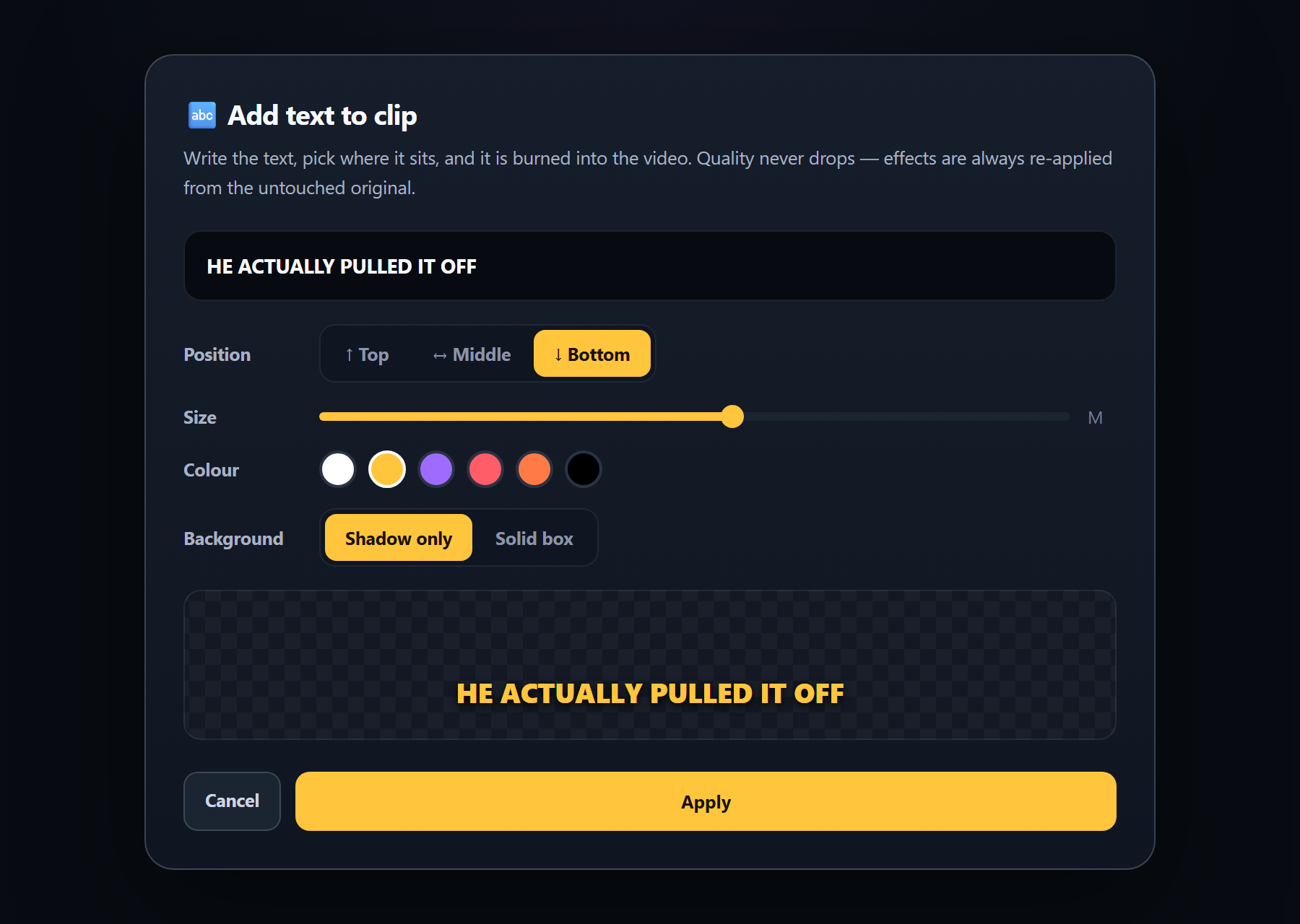 Text overlay editor with position, size and colour controls